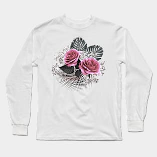 Pink Flowers Tropical Leaves Long Sleeve T-Shirt